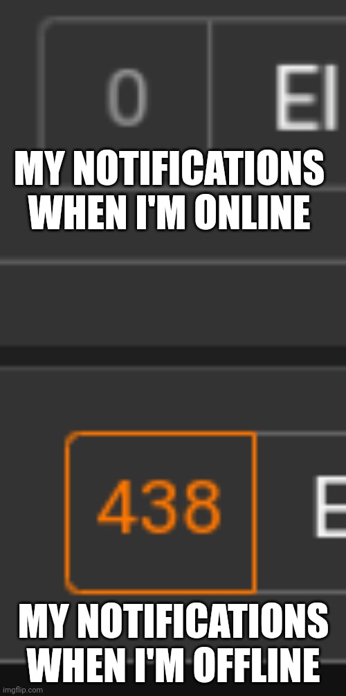 I currently have 438 unseen notifications | MY NOTIFICATIONS WHEN I'M ONLINE; MY NOTIFICATIONS WHEN I'M OFFLINE | image tagged in 1 notification vs 809 notifications with message | made w/ Imgflip meme maker