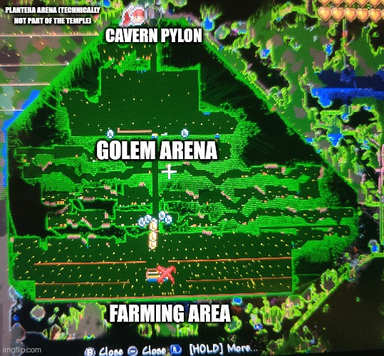 Like what I did with the jungle temple? | PLANTERA ARENA (TECHNICALLY NOT PART OF THE TEMPLE); CAVERN PYLON; GOLEM ARENA; FARMING AREA | made w/ Imgflip meme maker