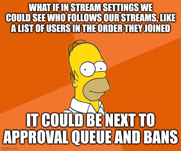Homer Simpson | WHAT IF IN STREAM SETTINGS WE COULD SEE WHO FOLLOWS OUR STREAMS, LIKE A LIST OF USERS IN THE ORDER THEY JOINED; IT COULD BE NEXT TO APPROVAL QUEUE AND BANS | image tagged in homer simpson | made w/ Imgflip meme maker