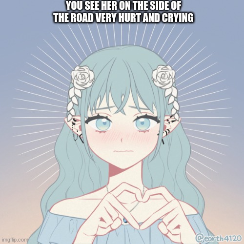:) | YOU SEE HER ON THE SIDE OF THE ROAD VERY HURT AND CRYING | image tagged in e | made w/ Imgflip meme maker