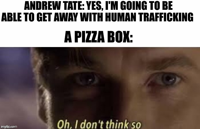 Oh, I don't think so | ANDREW TATE: YES, I'M GOING TO BE ABLE TO GET AWAY WITH HUMAN TRAFFICKING; A PIZZA BOX: | image tagged in oh i don't think so | made w/ Imgflip meme maker