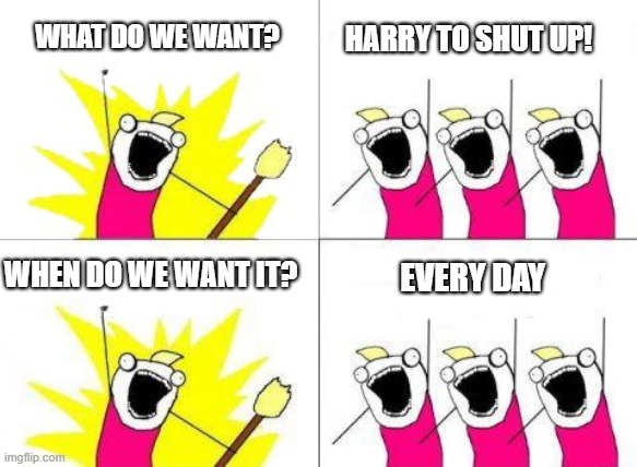 Harry Shut Up | HARRY TO SHUT UP! WHAT DO WE WANT? WHEN DO WE WANT IT? EVERY DAY | image tagged in when do we want it,harry,meghan,king charles,andrew,family | made w/ Imgflip meme maker