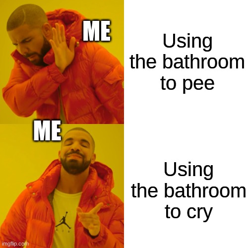 I'm not crying now | Using the bathroom to pee; ME; ME; Using the bathroom to cry | image tagged in memes,drake hotline bling,cry,bathroom humor | made w/ Imgflip meme maker