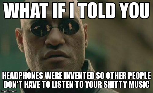Matrix Morpheus | WHAT IF I TOLD YOU HEADPHONES WERE INVENTED SO OTHER PEOPLE DON'T HAVE TO LISTEN TO YOUR SHITTY MUSIC | image tagged in memes,matrix morpheus | made w/ Imgflip meme maker