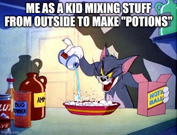 I would do this with other kids on my street | ME AS A KID MIXING STUFF FROM OUTSIDE TO MAKE "POTIONS" | image tagged in evil tom pouring stuff | made w/ Imgflip meme maker