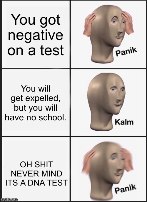 Panik Kalm Panik | You got negative on a test; You will get expelled, but you will have no school. OH SHIT NEVER MIND ITS A DNA TEST | image tagged in memes,panik kalm panik | made w/ Imgflip meme maker