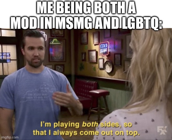 i love seeing positive happy images and then turn around and see the most horrid homophobic things | ME BEING BOTH A MOD IN MSMG AND LGBTQ: | image tagged in i play both sides | made w/ Imgflip meme maker
