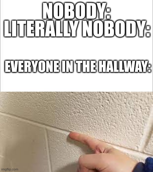 MmmMhMMMmm | NOBODY:; LITERALLY NOBODY:; EVERYONE IN THE HALLWAY: | image tagged in white background,relatable,satisfying | made w/ Imgflip meme maker