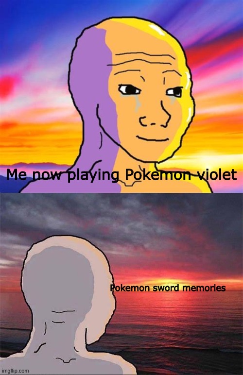 I like violet but damn i miss sword and arceus(loved both of them and sword was my first Pokemon game | Me now playing Pokemon violet; Pokemon sword memories | image tagged in wojak nostalgia | made w/ Imgflip meme maker