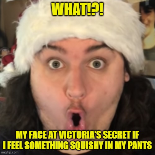 CrowRanaBurger | WHAT!?! MY FACE AT VICTORIA'S SECRET IF I FEEL SOMETHING SQUISHY IN MY PANTS | image tagged in crowranaburger | made w/ Imgflip meme maker