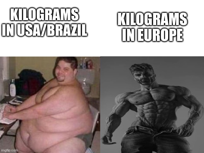 Fat to giga chad | KILOGRAMS IN EUROPE; KILOGRAMS IN USA/BRAZIL | image tagged in fat man vs chad | made w/ Imgflip meme maker