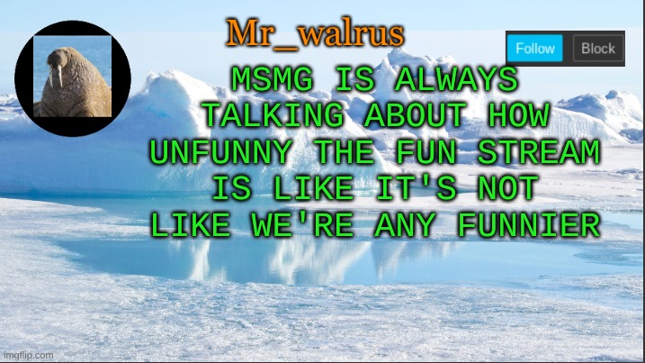 he who lives in a glass house shouldn't throw stones | MSMG IS ALWAYS TALKING ABOUT HOW UNFUNNY THE FUN STREAM IS LIKE IT'S NOT LIKE WE'RE ANY FUNNIER | image tagged in mr_walrus | made w/ Imgflip meme maker