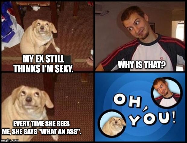 Hate to see me go... | MY EX STILL THINKS I'M SEXY. WHY IS THAT? EVERY TIME SHE SEES ME, SHE SAYS "WHAT AN ASS". | image tagged in oh you | made w/ Imgflip meme maker
