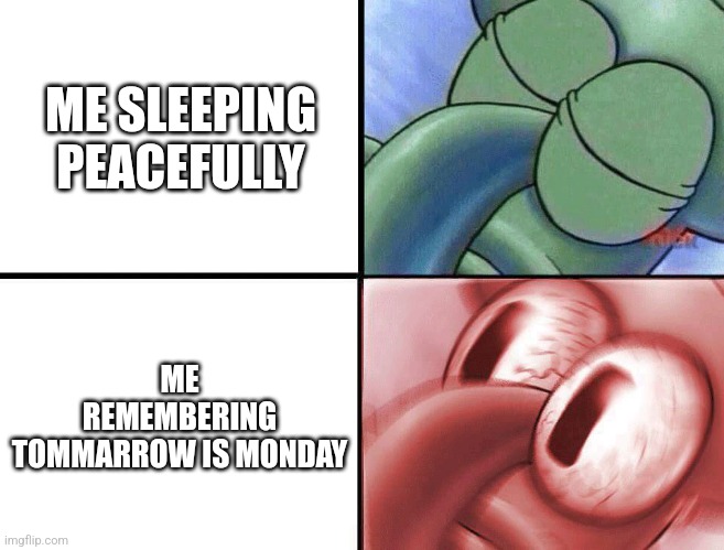 I hate school | ME SLEEPING PEACEFULLY; ME REMEMBERING TOMMARROW IS MONDAY | image tagged in sleeping squidward | made w/ Imgflip meme maker