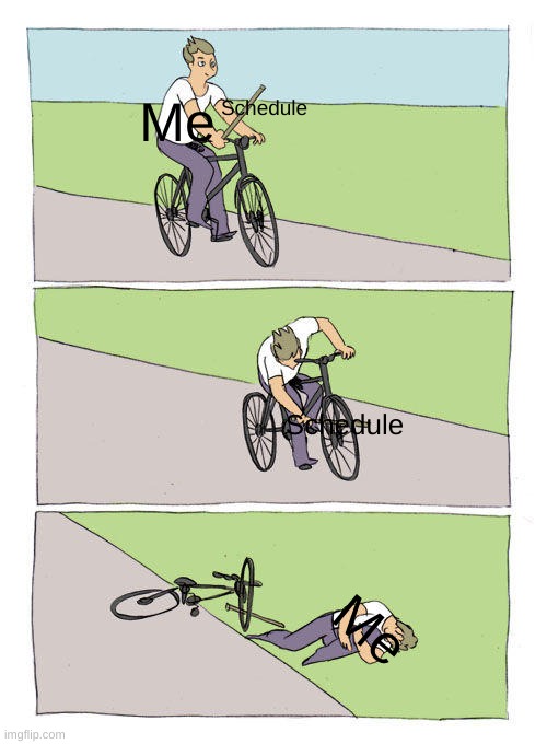 Oof | Me; Schedule; Schedule; Me | image tagged in memes,bike fall | made w/ Imgflip meme maker