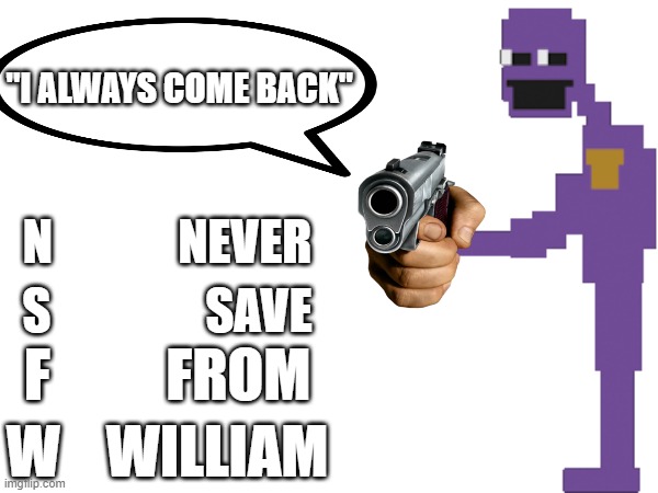 run william has a gun! | "I ALWAYS COME BACK"; N             NEVER; S                SAVE; F          FROM; W    WILLIAM | image tagged in fnaf,memes,william afton | made w/ Imgflip meme maker
