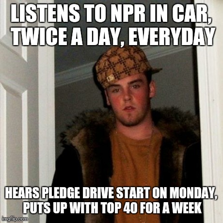 Takes one to know one | LISTENS TO NPR IN CAR, TWICE A DAY, EVERYDAY HEARS PLEDGE DRIVE START ON MONDAY, PUTS UP WITH TOP 40 FOR A WEEK | image tagged in memes,scumbag steve | made w/ Imgflip meme maker