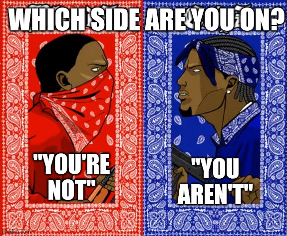 I made this meme like three years ago and just now posting it | WHICH SIDE ARE YOU ON? "YOU'RE NOT"; "YOU AREN'T" | image tagged in which side are you on | made w/ Imgflip meme maker