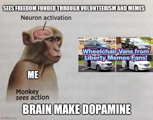 Monkey brain activation | SEES FREEDOM FUNDED THROUGH VOLUNTEERISM AND MEMES; ME; BRAIN MAKE DOPAMINE | image tagged in monkey brain activation | made w/ Imgflip meme maker