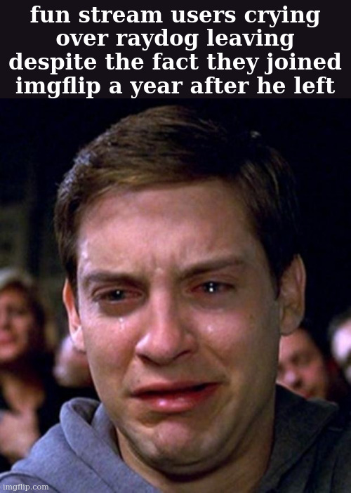 crying peter parker | fun stream users crying over raydog leaving despite the fact they joined imgflip a year after he left | image tagged in crying peter parker | made w/ Imgflip meme maker