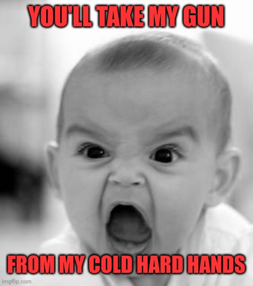 Angry Baby Meme | YOU'LL TAKE MY GUN FROM MY COLD HARD HANDS | image tagged in memes,angry baby | made w/ Imgflip meme maker