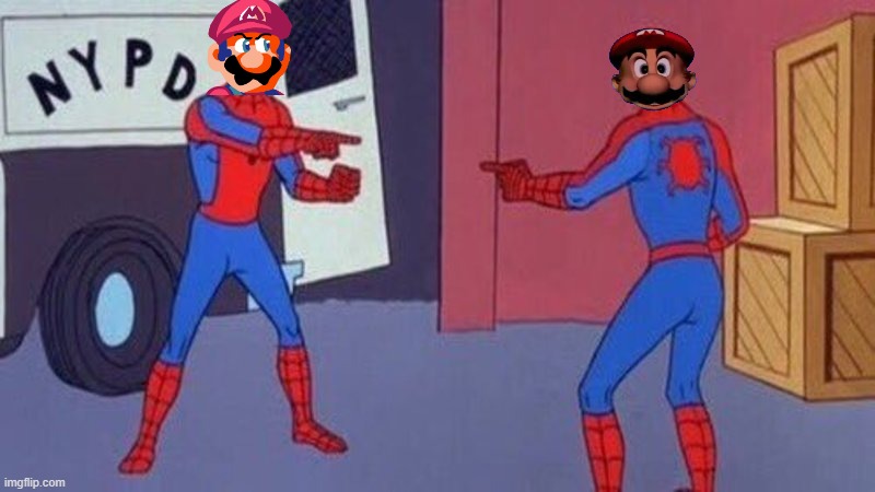 mario pointing at mario | image tagged in spiderman pointing at spiderman | made w/ Imgflip meme maker