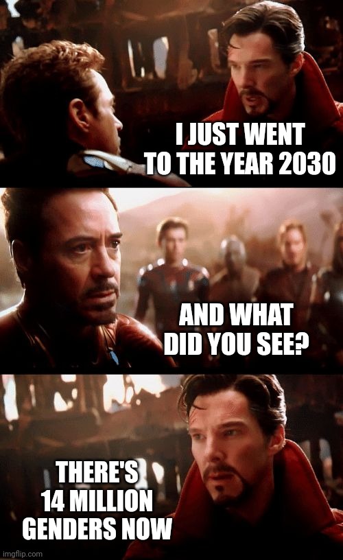 13,999,998 mental illnesses. | I JUST WENT TO THE YEAR 2030; AND WHAT DID YOU SEE? THERE'S 14 MILLION GENDERS NOW | image tagged in dr strange futures | made w/ Imgflip meme maker