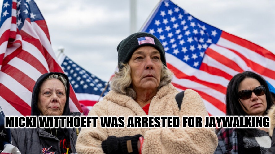 Ashli Babbitts Mother was arrested for jaywalking | MICKI WITTHOEFT WAS ARRESTED FOR JAYWALKING | image tagged in ashli babbitt,cover-up,murder,government,liars | made w/ Imgflip meme maker