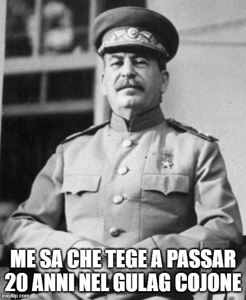 Stalin go to gulag for 20 years old | ME SA CHE TEGE A PASSAR 20 ANNI NEL GULAG COJONE | image tagged in stalin,joseph stalin,italian,italians | made w/ Imgflip meme maker
