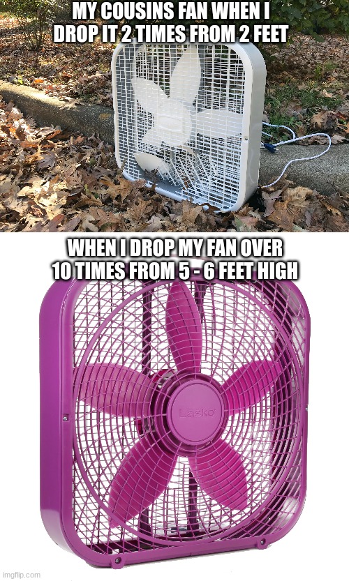 My Cousins Fan vs My Fan | MY COUSINS FAN WHEN I DROP IT 2 TIMES FROM 2 FEET; WHEN I DROP MY FAN OVER 10 TIMES FROM 5 - 6 FEET HIGH | image tagged in fans,memes,funny memes,funny meme,real life | made w/ Imgflip meme maker