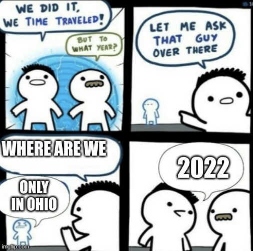 Ohio memes aren't funny anymore | WHERE ARE WE; 2022; ONLY IN OHIO | image tagged in we did it we time traveled | made w/ Imgflip meme maker