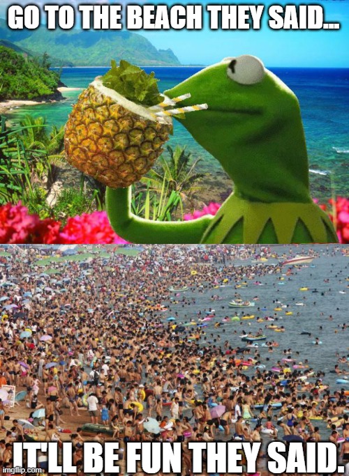 GO TO THE BEACH THEY SAID... IT'LL BE FUN THEY SAID. | image tagged in vacation kermit,crowded beach | made w/ Imgflip meme maker