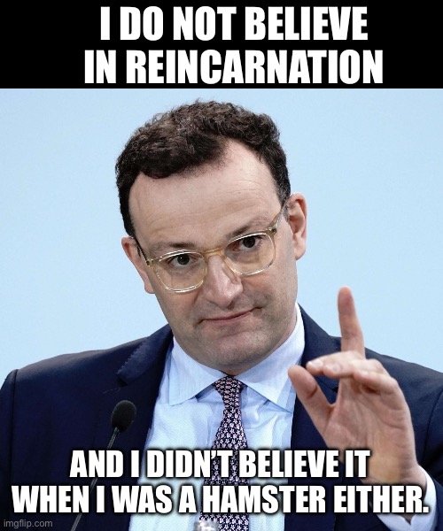 Reincarnation | I DO NOT BELIEVE IN REINCARNATION; AND I DIDN’T BELIEVE IT WHEN I WAS A HAMSTER EITHER. | image tagged in jens spahn explaining,dad joke | made w/ Imgflip meme maker