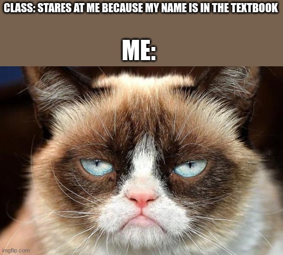 The class can be so immature | CLASS: STARES AT ME BECAUSE MY NAME IS IN THE TEXTBOOK; ME: | image tagged in memes,grumpy cat not amused,grumpy cat | made w/ Imgflip meme maker