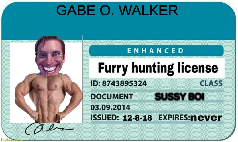 I can make some for you guys as well | GABE O. WALKER; SUSSY BOI | image tagged in furry hunting license | made w/ Imgflip meme maker