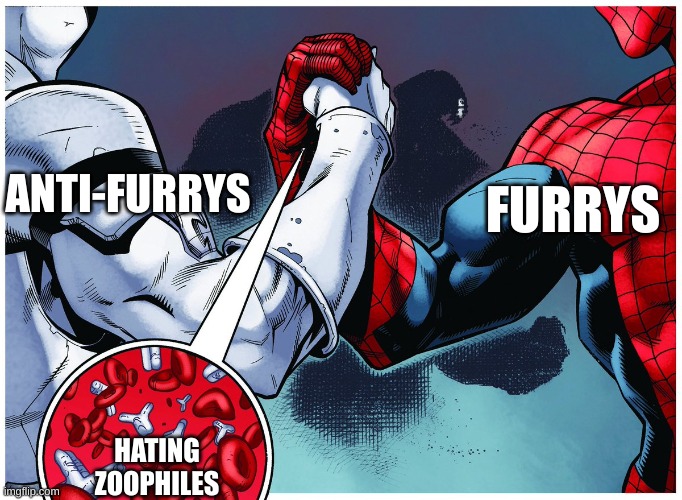 The ONE thing we have in common | ANTI-FURRYS; FURRYS; HATING ZOOPHILES | image tagged in venom inc handshake | made w/ Imgflip meme maker