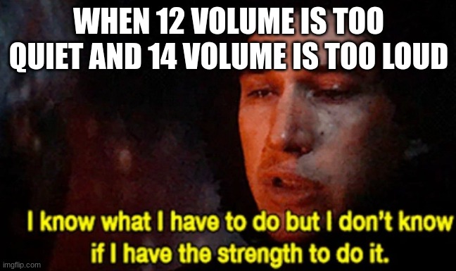 I know what I have to do but I don’t know if I have the strength | WHEN 12 VOLUME IS TOO QUIET AND 14 VOLUME IS TOO LOUD | image tagged in i know what i have to do but i don t know if i have the strength | made w/ Imgflip meme maker