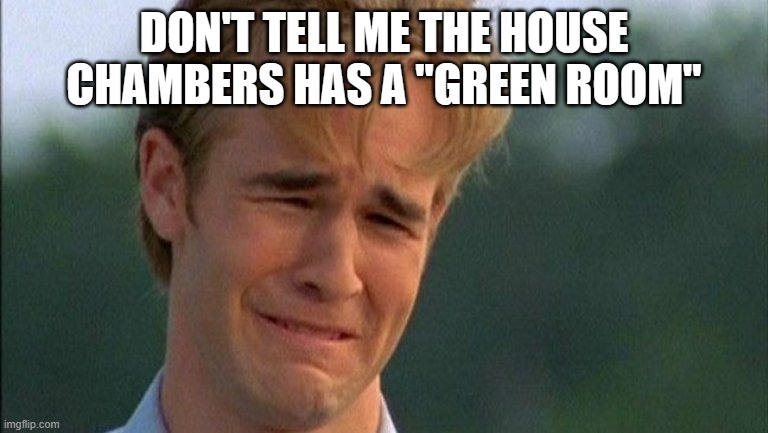 crying dawson | DON'T TELL ME THE HOUSE CHAMBERS HAS A "GREEN ROOM" | image tagged in crying dawson | made w/ Imgflip meme maker