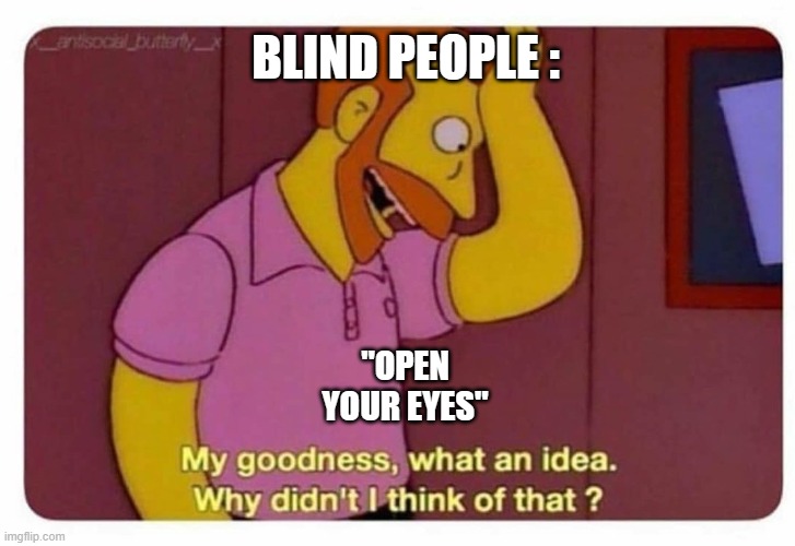 Imagine it actually worked though... | BLIND PEOPLE :; "OPEN YOUR EYES" | image tagged in why didnt i think of that,no shit sherlock | made w/ Imgflip meme maker