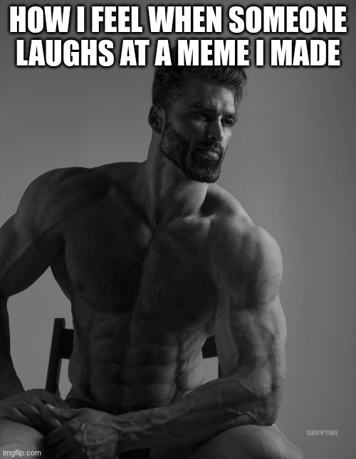 Giga Chad | HOW I FEEL WHEN SOMEONE LAUGHS AT A MEME I MADE | image tagged in giga chad | made w/ Imgflip meme maker