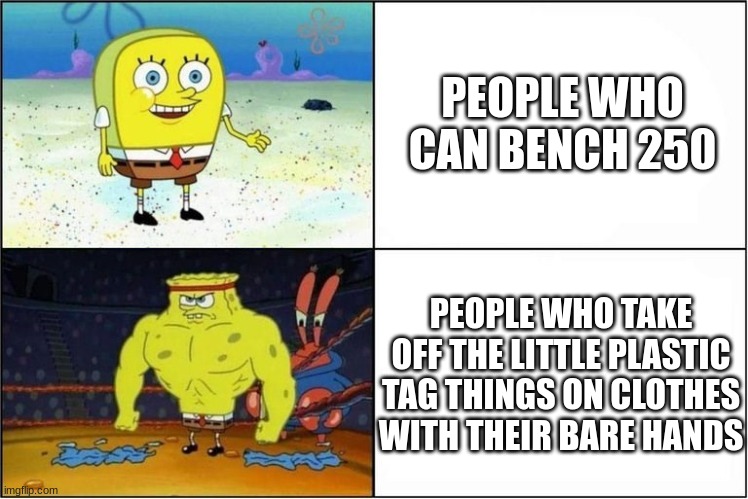 im the second one | PEOPLE WHO CAN BENCH 250; PEOPLE WHO TAKE OFF THE LITTLE PLASTIC TAG THINGS ON CLOTHES WITH THEIR BARE HANDS | image tagged in weak vs strong spongebob,spongebob strong,big brain | made w/ Imgflip meme maker