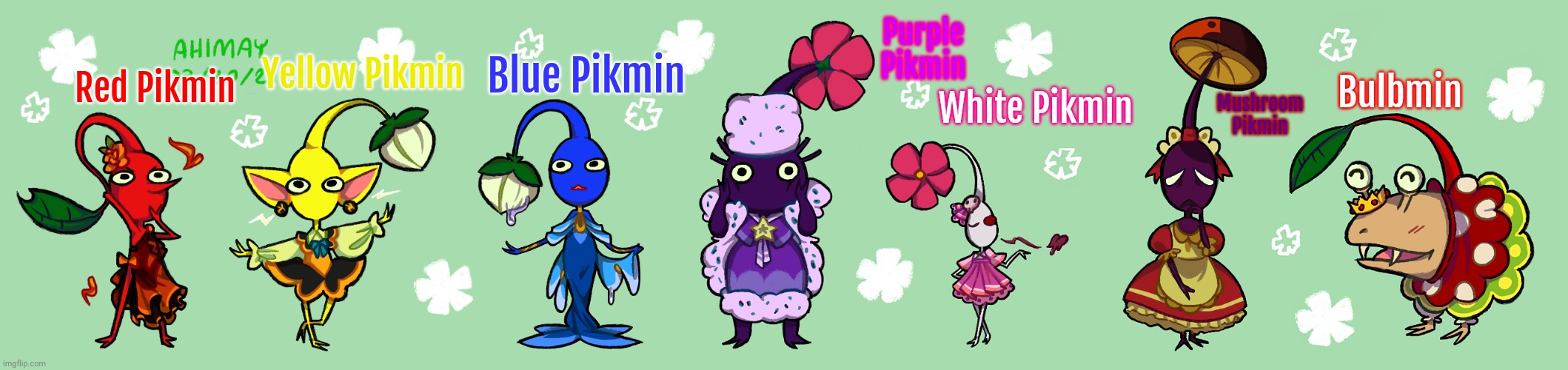Pikmin Princess Pikmin 1 & Pikmin 2 | Yellow Pikmin; Purple Pikmin; Blue Pikmin; Bulbmin; Mushroom Pikmin; White Pikmin; Red Pikmin | image tagged in pikmin dress,pikmin,nintendo,fanart,gamecube,pikmin 2 | made w/ Imgflip meme maker