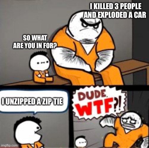 I tried and died | I KILLED 3 PEOPLE AND EXPLODED A CAR; SO WHAT ARE YOU IN FOR? I UNZIPPED A ZIP TIE | image tagged in what are you in here for | made w/ Imgflip meme maker