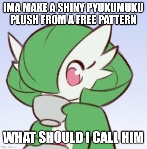 Google "pyukumuku Pokémon" if you're confused | IMA MAKE A SHINY PYUKUMUKU PLUSH FROM A FREE PATTERN; WHAT SHOULD I CALL HIM | image tagged in gardevoir sipping tea | made w/ Imgflip meme maker