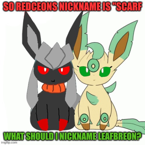 Redceon And Leafe by Sylceon | SO REDCEONS NICKNAME IS "SCARF; WHAT SHOULD I NICKNAME LEAFBREON? | image tagged in redceon and leafe by sylceon | made w/ Imgflip meme maker