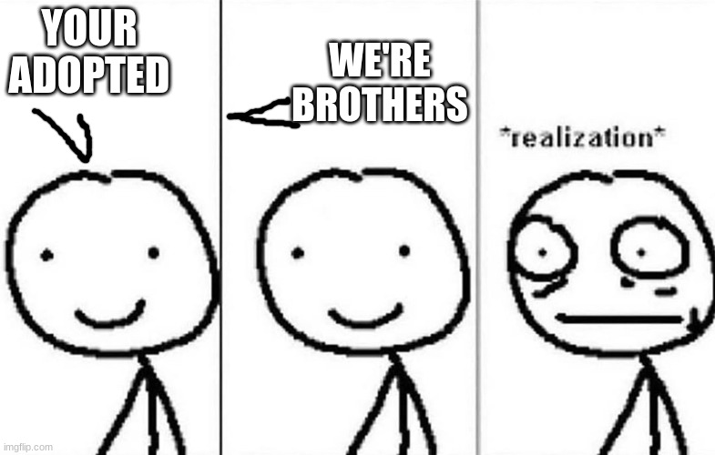 im not really adopted | YOUR ADOPTED; WE'RE BROTHERS | image tagged in realization,adopted | made w/ Imgflip meme maker