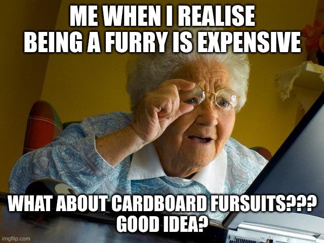 Grandma Finds The Internet | ME WHEN I REALISE BEING A FURRY IS EXPENSIVE; WHAT ABOUT CARDBOARD FURSUITS???
GOOD IDEA? | image tagged in memes,grandma finds the internet | made w/ Imgflip meme maker