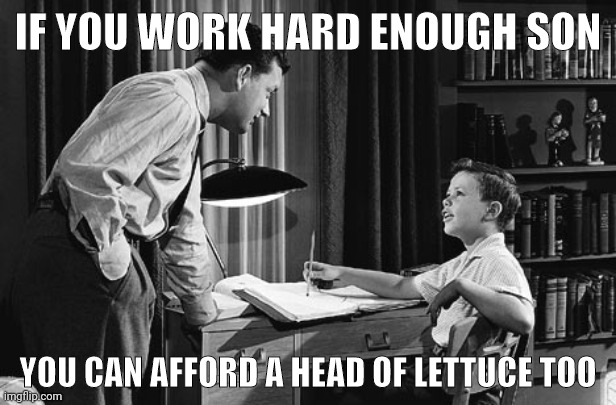 Maybe even a carrot too. | IF YOU WORK HARD ENOUGH SON; YOU CAN AFFORD A HEAD OF LETTUCE TOO | image tagged in father son | made w/ Imgflip meme maker