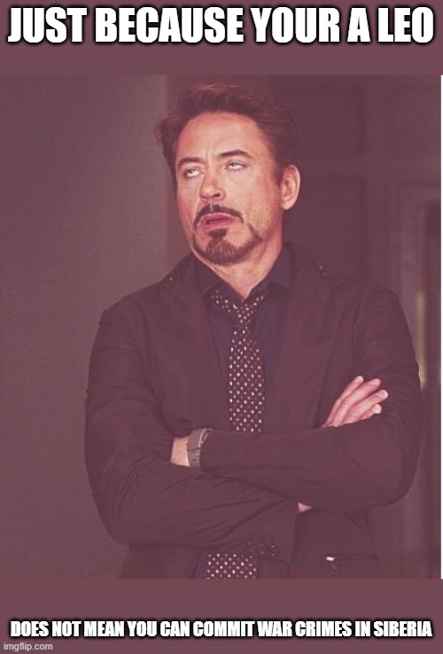 -_- | JUST BECAUSE YOUR A LEO; DOES NOT MEAN YOU CAN COMMIT WAR CRIMES IN SIBERIA | image tagged in memes,face you make robert downey jr | made w/ Imgflip meme maker