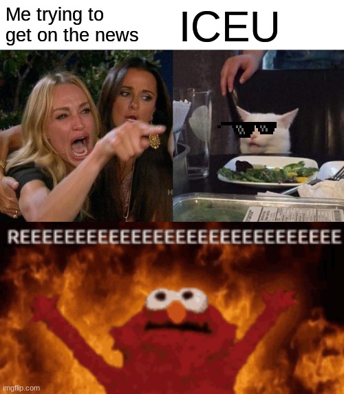 Me trying to get on the news; ICEU | image tagged in memes,woman yelling at cat | made w/ Imgflip meme maker